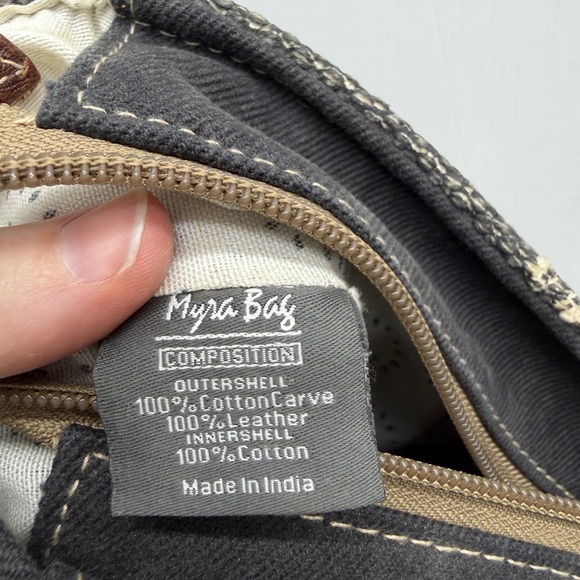 Myra Bag Carry Me back pack cow hide white grey paisley‎ canvas 10.5 x 3.5 x 9.5 Amazon.com: Myra Bag Factual Upcycled Canvas & Cowhide  main image 4